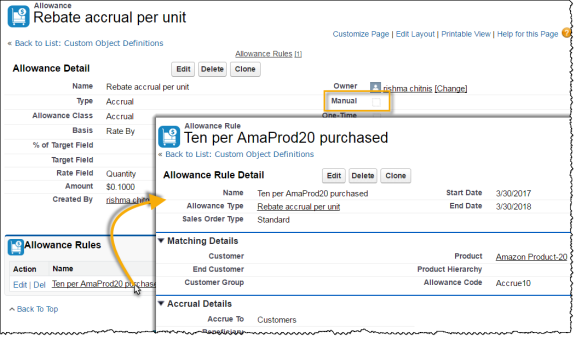 When the Manual checkbox is cleared, the allowance rule is automatically applied on all sales order lines that match the allowance rule matching details.